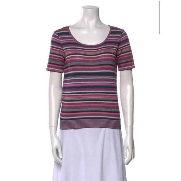 Missoni Sport Authentic Pink Black Blue Striped Knit Short Sleeve Top Medium - Picture 1 of 7